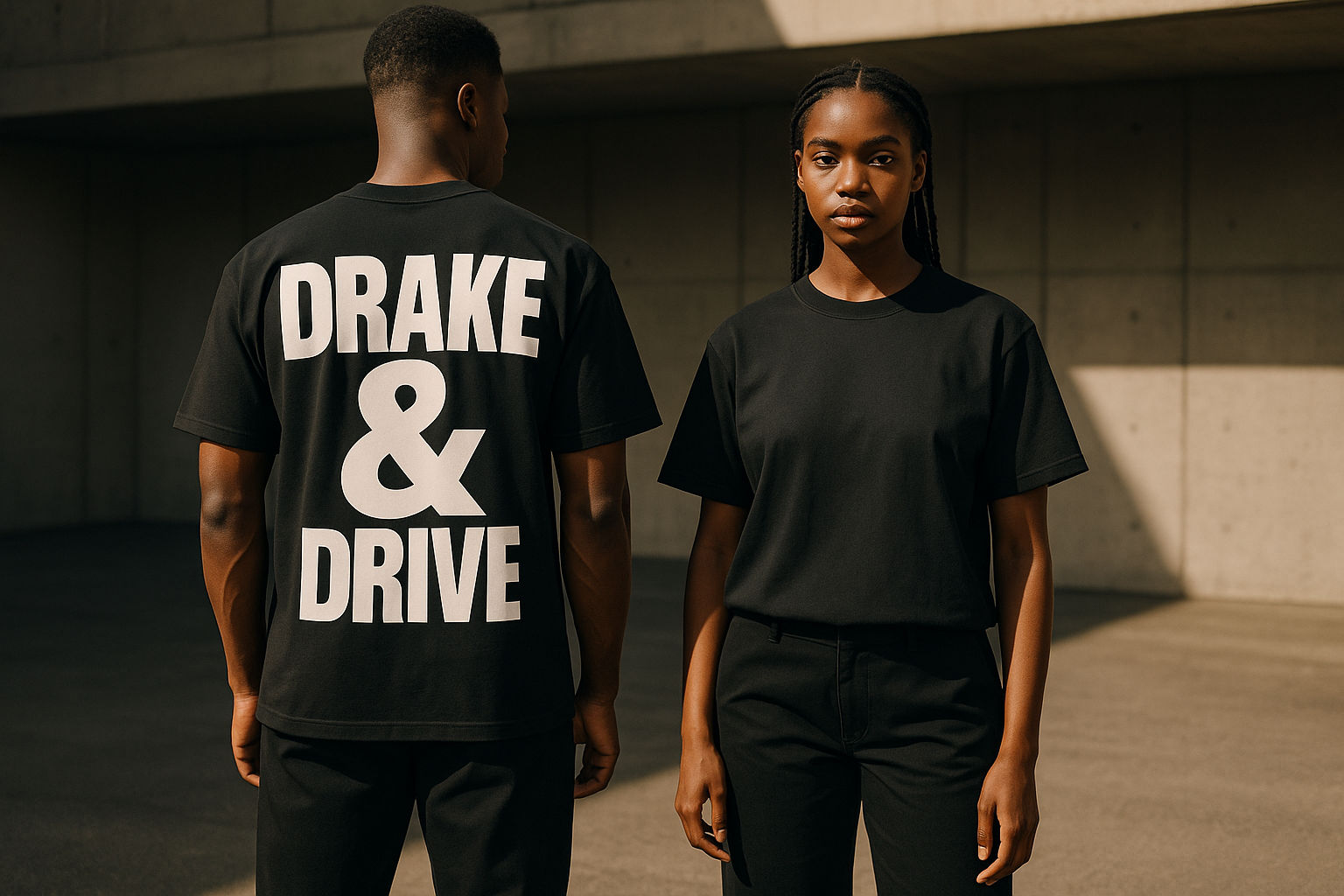 Editorial pair — male back-print + female front in black tee